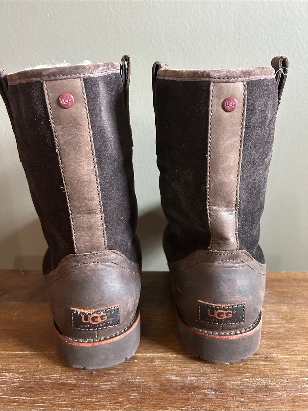 UGG Men's Two-Tone Brown Suede and Leather Shearling Boots - Picture 2 of 8